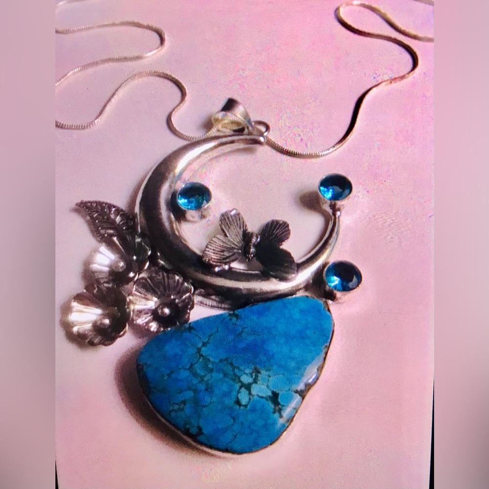 Turquoise Blue Topaz Stamped 925 Sterling Silver Necklace - Picture 1 of 2